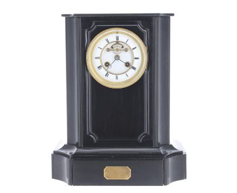 French black marble two train mantel clock, the movement back plate signed Simpson et Co á Paris, with outside countwheel and