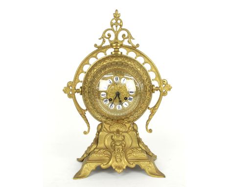 French gilt metal ornate two train mantel clock, the movement with outside countwheel striking on a bell, the 3.5" gilt dial 