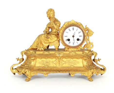 French gilt metal two train figural mantel clock striking on a bell,&nbsp;the 3" white dial within a pillar casing attended b