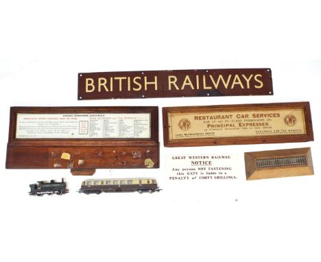 Old 'British Railways' metal sign, 27" long x 4" high; also two Great Western Railway buffet car notices within wooden frames