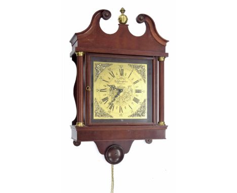 Contemporary German double weight wall clock striking on three rods, the 10" square brass dial signed E.J. Goodfellow, Wadebr
