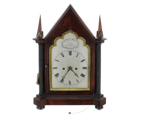 Good English rosewood gothic double fusee bracket clock, the 7" silvered wavy arched dial signed Knight, Halstead, the moveme