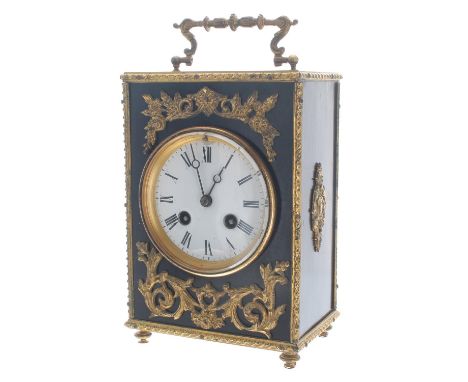 French ebonised and gilt metal mounted two train mantel clock, the movement back plate bearing the makers trademark logo and 