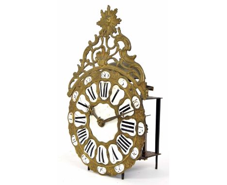 French comtoise style wall clock with birdcage movement striking on a bell above, the 9.5" brass dial with Roman and Arabic c