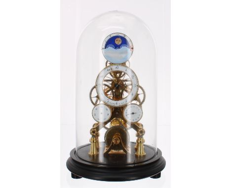 Good contemporary brass single fusee calendar skeleton clock, the principal 3.5" white chapter ring signed Franz Denk in Wien