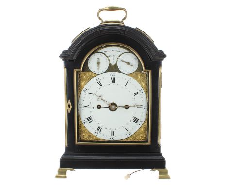 Fine English ebonised double fusee calendar pad top bracket clock, signed Hugh Gordon, Madras on an arched plate above the di
