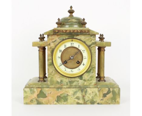 French green onyx two train mantel clock striking on a gong, the 3.75" cream chapter ring signed Dillon and enclosing a reces