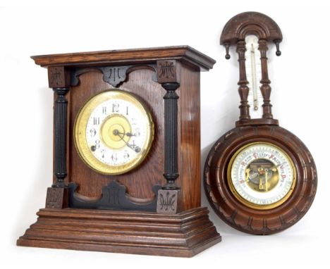 Oak two train mantel clock striking on a bell, the movement back plate stamped Fattorini &amp; Sons, Bradford, English Manufa