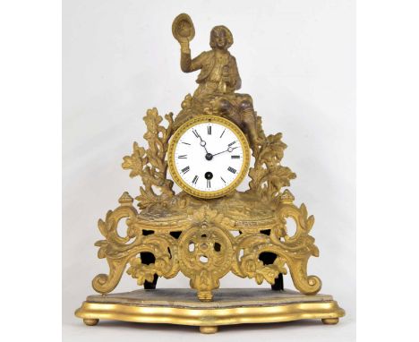 French spelter mantel clock timepiece, the 3.25" white dial within an ornate floral pierced case surmounted by a seated peasa