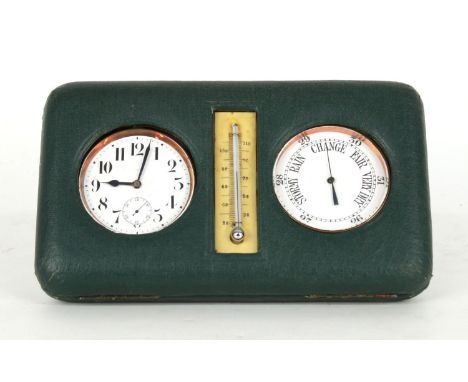 Nickel cased pocket watch and matching barometer, with subsidiary seconds dial and within a green leather easel case fitted w