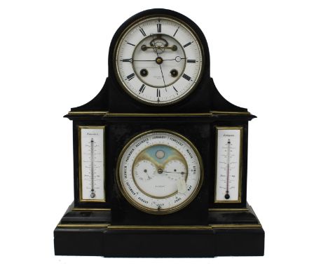 Good French black marble two train calendar mantel clock striking on a bell, the 5.25" white chapter ring enclosing a recesse