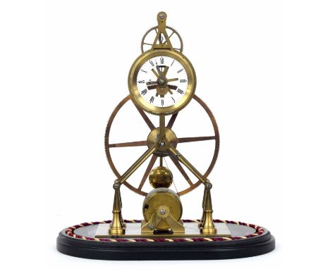 Contemporary brass single fusee great wheel skeleton clock, the 3" white chapter ring enclosing a skeletonised centre over ar