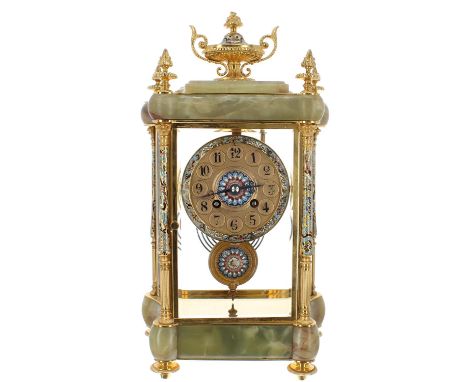 Good French ormolu, champleve and green onyx cased two train four glass mantel clock, the Japy Freres movement striking on a 