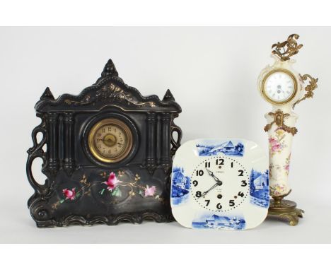 French painted white pottery pillar clock timepiece, 18.25" high (key); also a black pottery painted mantel clock and a Germa