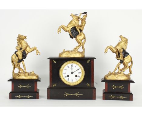 French black slate and red marble two train mantel clock garniture, the movement with outside countwheel striking on a bell, 