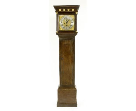 Oak eight day longcase clock, the 12" square brass dial with silvered chapter ring signed D. Crawly, Lavington enclosing a ma