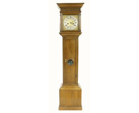 Oak eight day longcase clock, the 11" square brass dial signed Jonas Barber, Fecit on the silvered chapter ring enclosing a p