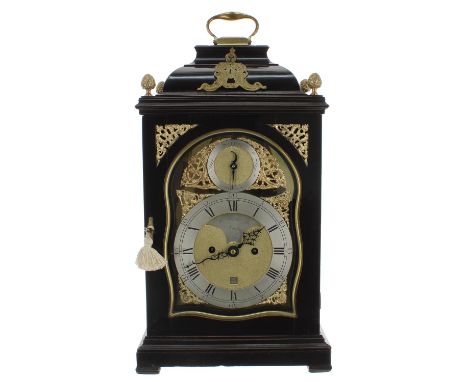 Good English ebonised double fusee verge bracket clock, the 7" brass arched dial signed Thos Hunter, London to a silvered arc