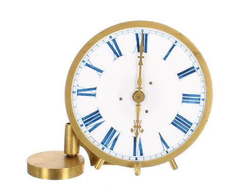 Swiss travelling night clock, the 4.5? white opaque glass dial within a brass bezel surround and with a hinged folding candle