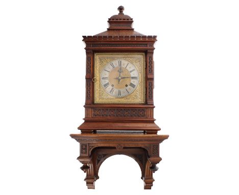 Mahogany two train mantel clock and original matching bracket, the movement striking on a gong, the 5.75" silvered dial enclo