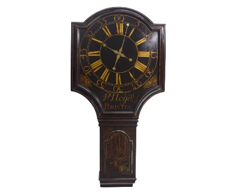 Fine black lacquer and chinoiserie&nbsp;decorated single train tavern clock, the 24" dial signed P. Lloyd, Bristol beneath th