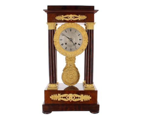 Good French mahogany and ormolu mounted two train portico mantel clock, the 4.25" silvered dial signed Musy Pere &amp; Fils H