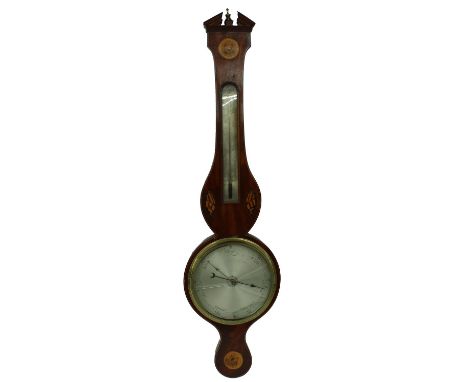 Mahogany inlaid wheel barometer/thermometer,&nbsp;the 8.5" silvered dial under a thermometer and within a shaped case inlaid 