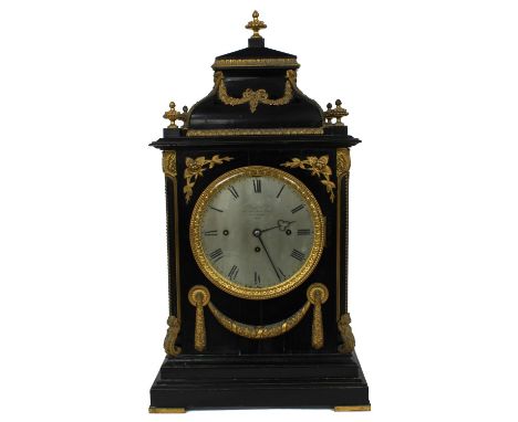 English ebonised triple fusee boardroom style mantel clock, the 7.5" silvered dial and movement back plate both signed Payne 