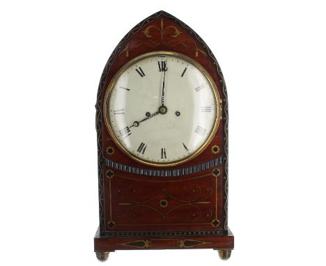 Good English mahogany and inlaid double fusee gothic lancet mantel clock, the movement back plate signed James McCabe, Royal 