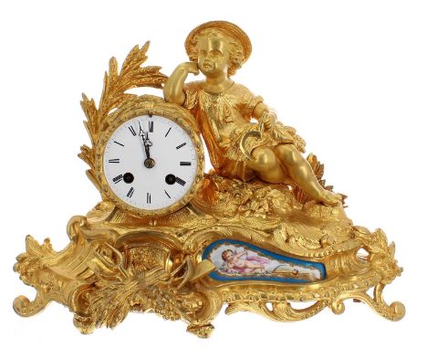 French gilt metal and porcelain mounted two train figural mantel clock, the Japy Freres movement with outside countwheel and 