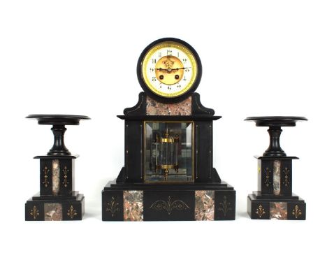 French black slate and red marble two train drumhead mantel clock garniture, the movement with outside countwheel striking on