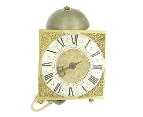 English brass lantern wall clock, the 8" square dial with silvered chapter ring signed John Giles, enclosing a matted centre 