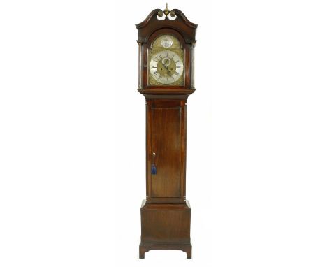 Mahogany eight day longcase clock, the 12" brass arched dial signed Joshua Rudd, Bradford on the silvered chapter ring enclos