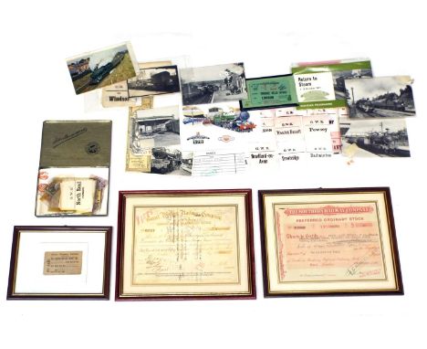 Box of interesting railwayana ephemera&nbsp;including two small framed Railway Company Share Certificates, railway tickets, o