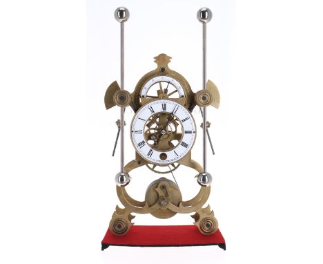 Brass grasshopper action single fusee skeleton clock, the 4" white chapter ring under a subsidiary demi lune chapter ring, ra