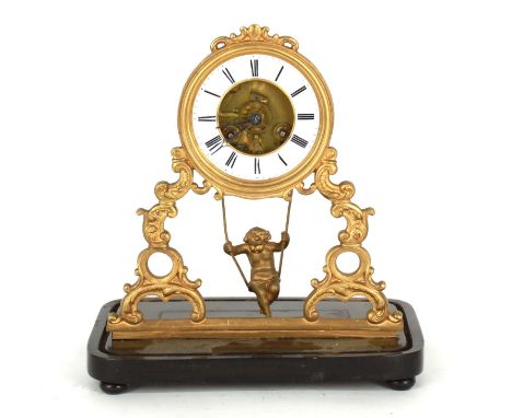 French&nbsp;gilt metal two train cherub swinging mantel clock, the movement with outside countwheel striking on a bell, the 4