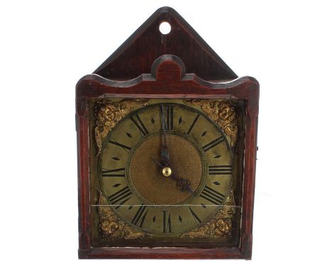 Interesting and early&nbsp;oak cased single&nbsp;weight verge wall clock timepiece, the 6" square brass dial signed Michael C