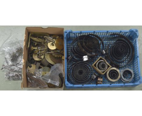 Quantity of various longcase clock movement parts etc.; also a small quantity of various clock mainsprings 