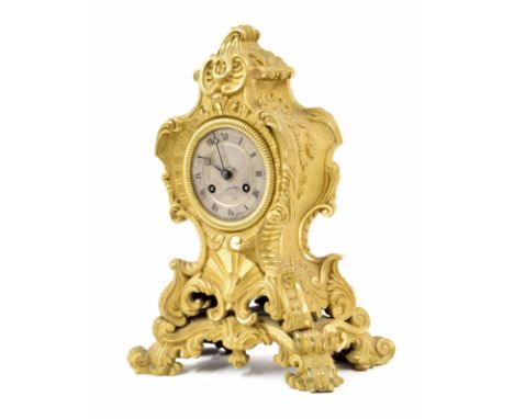 Good small French ormolu two train mantel clock, the 3" silvered dial signed Pons, Paris, the Pons movement with outside coun