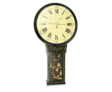 Good black lacquer and chinoiserie decorated tavern clock,&nbsp;signed Jon Hawting, Oxford in gilt writing on the trunk below