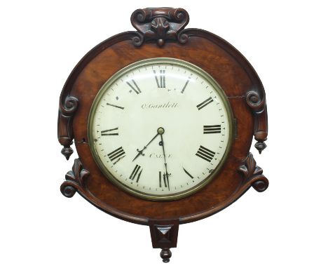 Mahogany single fusee 12" wall dial clock signed Q. Gantlett, Calne,&nbsp;within a flat surround with C scroll and foliate ca