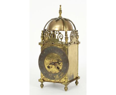 Brass lantern clock, the French two train movement with platform escapement, 11.75" high