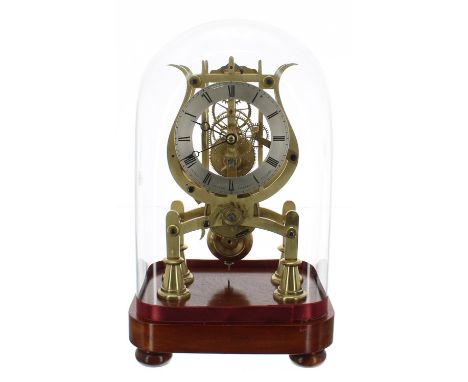 Small English brass single fusee skeleton clock, the 4" silvered chapter ring signed Thompson, Sloane Street, London, upon ly