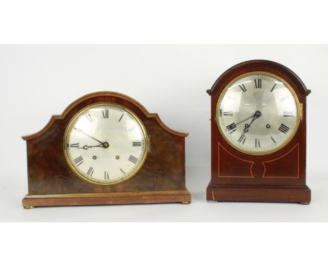 Mahogany two train bracket clock striking on four small gongs and one larger, the 8" silvered dial with fast slow lever at ni