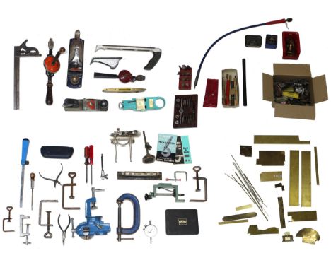 Large quantity of clock making and general tools including a cased micrometre, planes, clamps, drill bits and various hand to