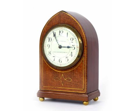 Small mahogany lancet mantel clock timepiece with platform escapement, the 3.5" cream dial signed J.C. Vickery, To Their Maje