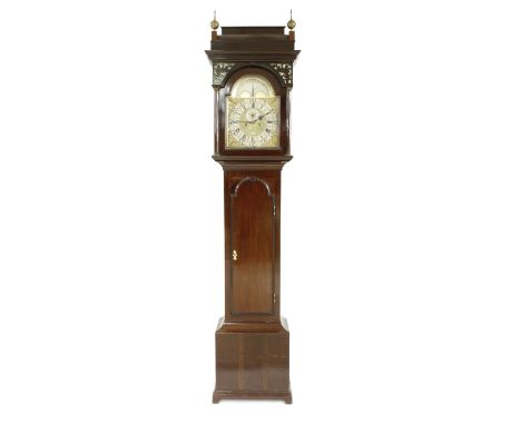 Mahogany eight day longcase clock, the 12" brass arched dial signed Robert Craig on the foliate engraved brass arch over a si