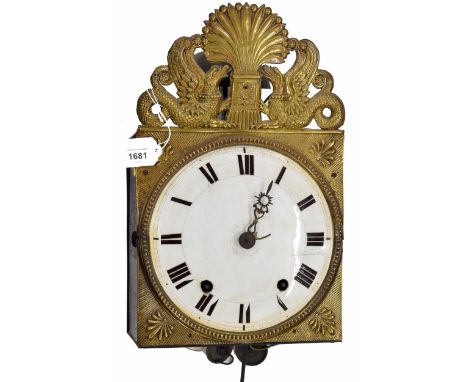 French Comtoise two train wall clock, the 8.5" convex white dial within a brass surround surmounted by an ornate cornice repo
