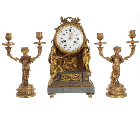 Good French ormolu and grey marble two train mantel clock garniture,&nbsp;the 4.5" white dial signed Lund &amp; Blockley, the