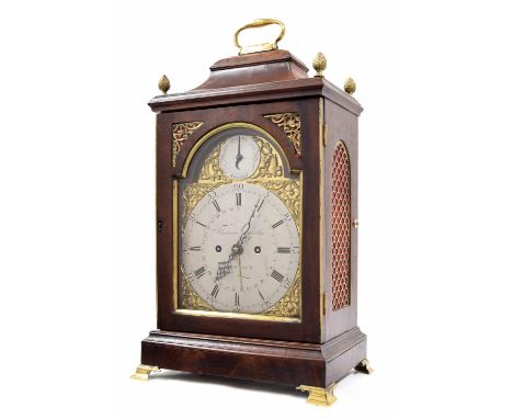 Good English mahogany double fusee bracket clock, the 7" brass arched dial and movement back plate signed Thomas Chandler, Lo